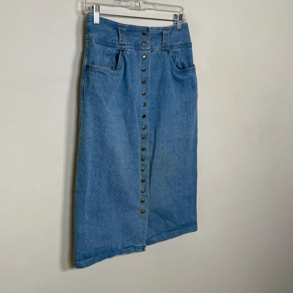 Vintage St & Company Denim Midi Skirt Women 10 Blue Button Front High Waist